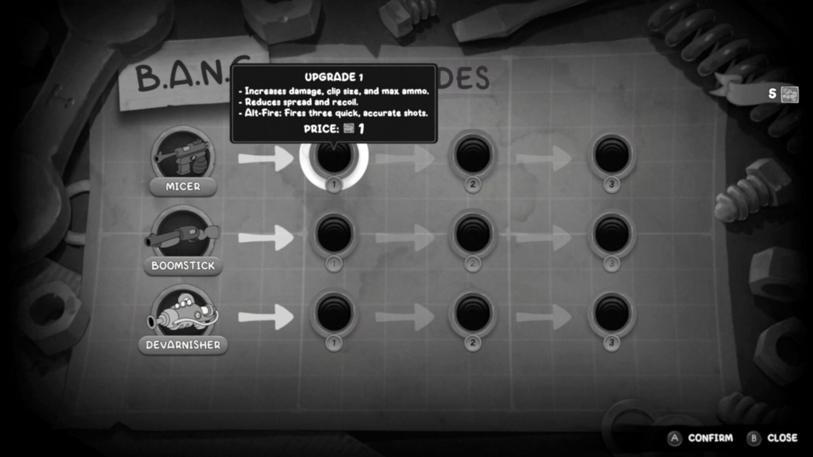 MOUSE: P.I. For Hire weapon upgrade menu showing the Micer, Boomstick, and Devarnisher progression trees.