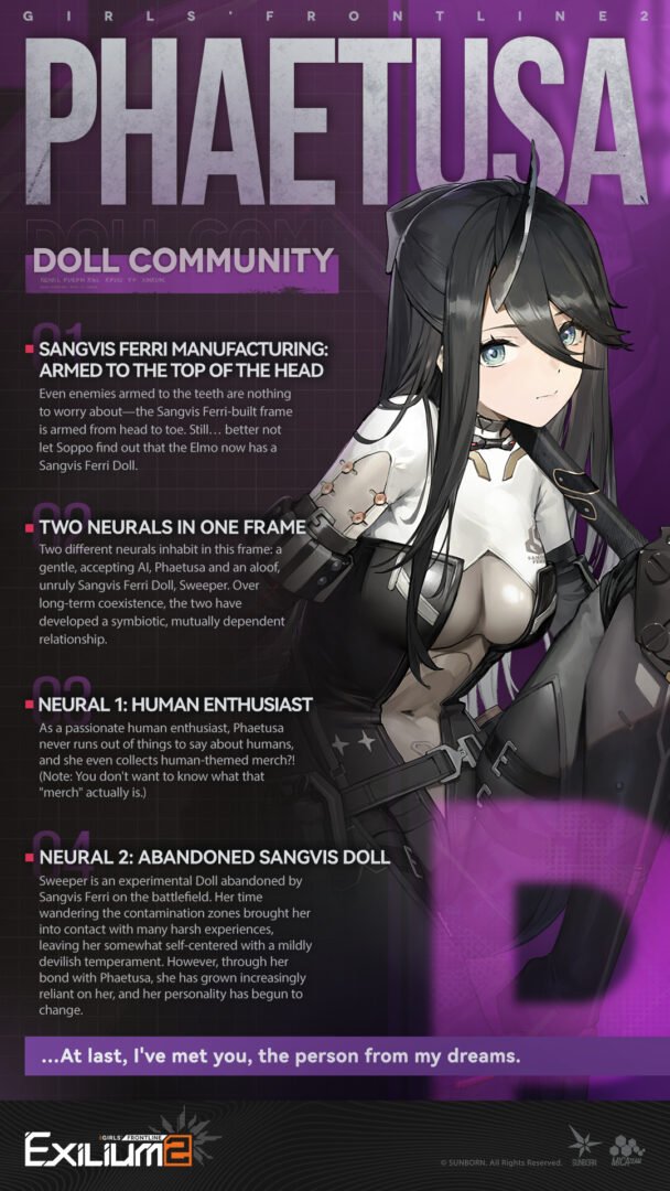 Detailed character profile for Phaetusa in our GFL2 guide highlighting her Sangvis Ferri origins and dual neural traits.