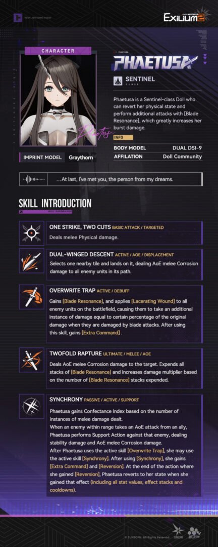 Technical skill breakdown for Phaetusa featuring Blade Resonance and Form Reversion mechanics in the GFL2 guide.