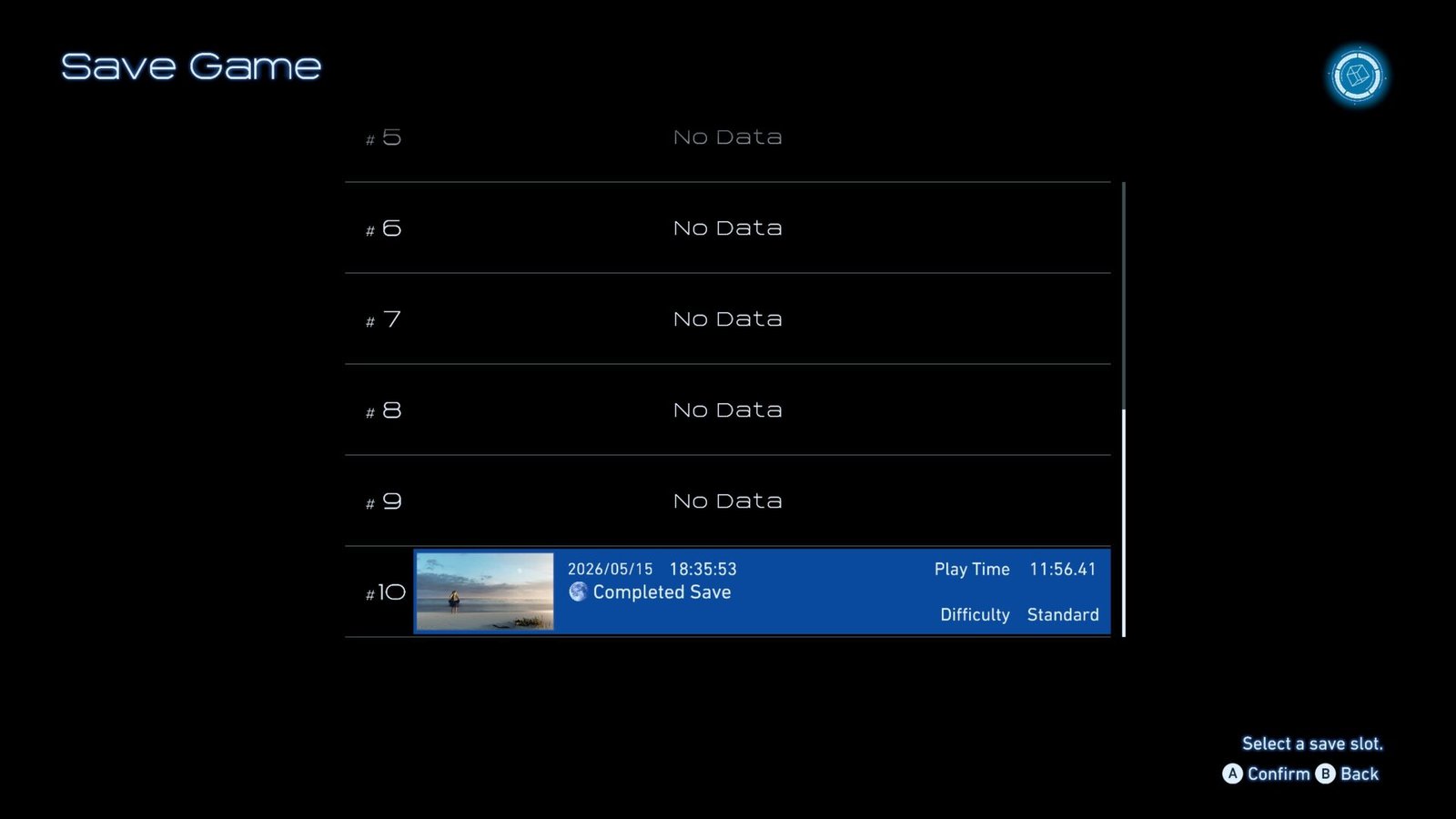 Pragmata Review screenshot showing a completed game save file on standard difficulty.