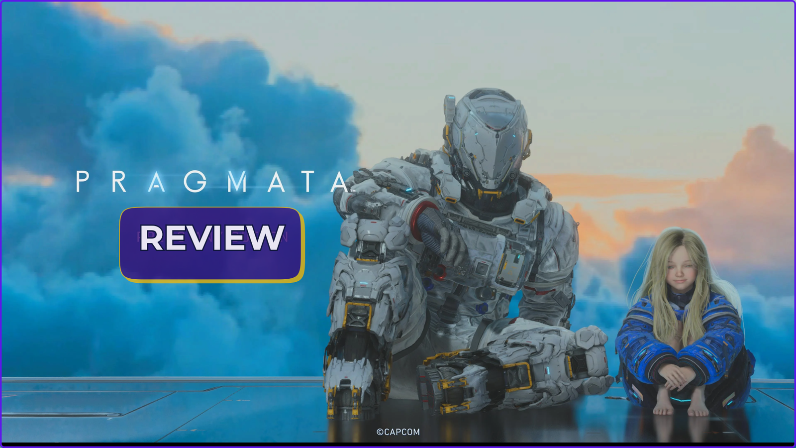 Pragmata Review featured image displaying an armored astronaut and a young blonde girl sitting on a metallic surface against a cloudy sky.