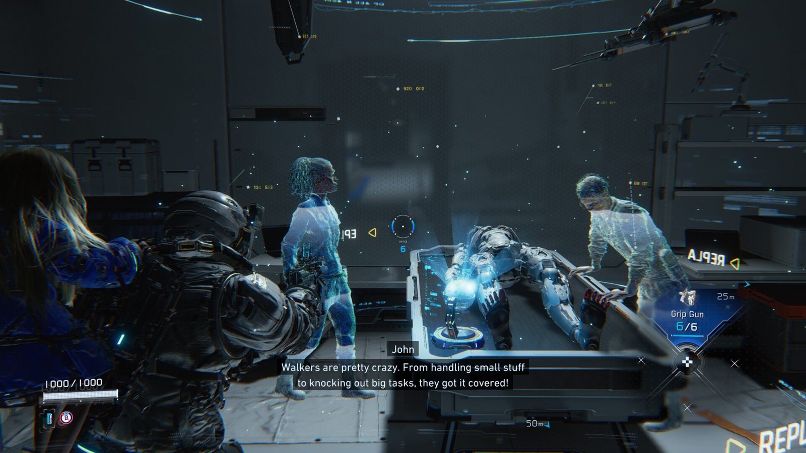 Pragmata Review screenshot of a holographic lore tracking scene.