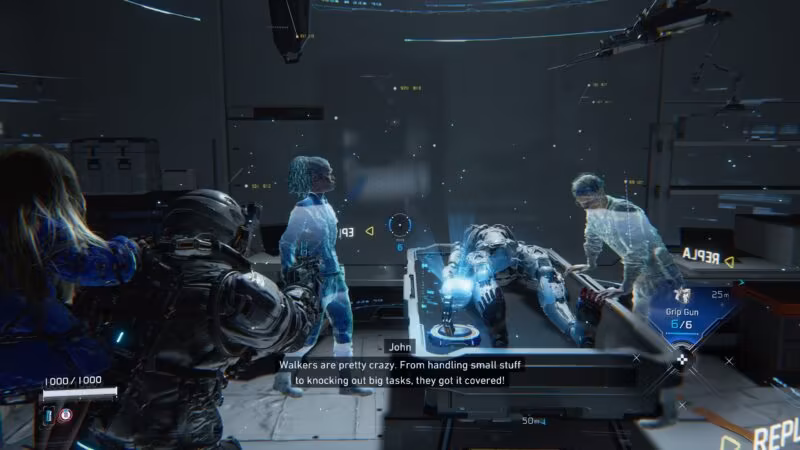 Pragmata Review screenshot of a holographic lore tracking scene.