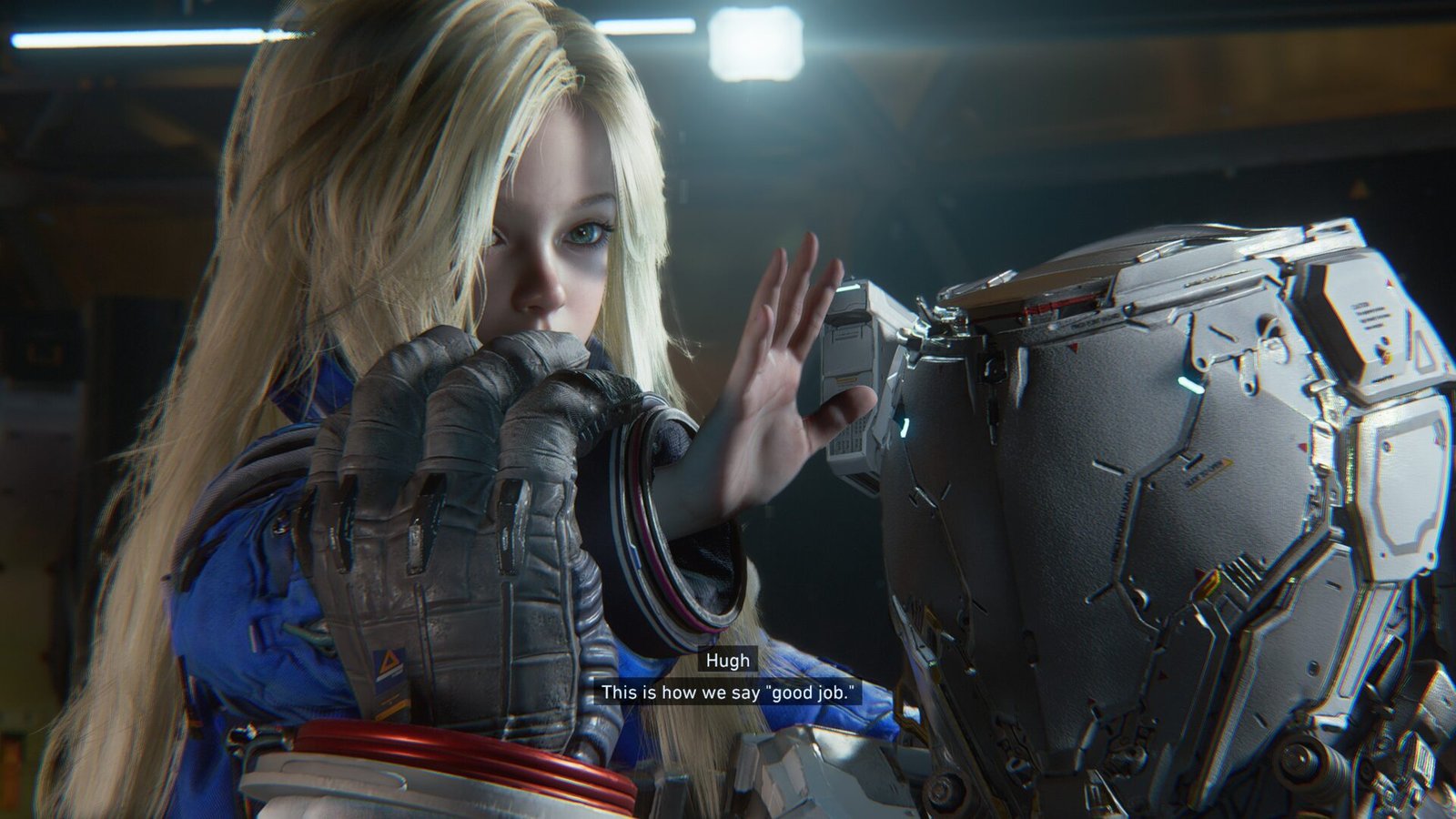 Pragmata Review close-up screenshot of Diana high-fiving Hugh's spacesuit glove.