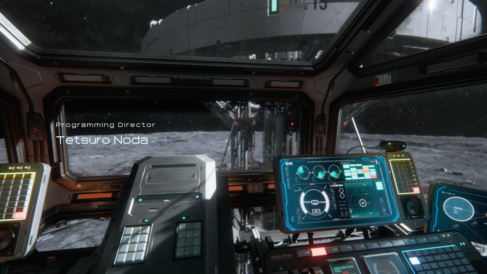 Pragmata Review introduction screenshot showing a spaceship cockpit view of the lunar surface.