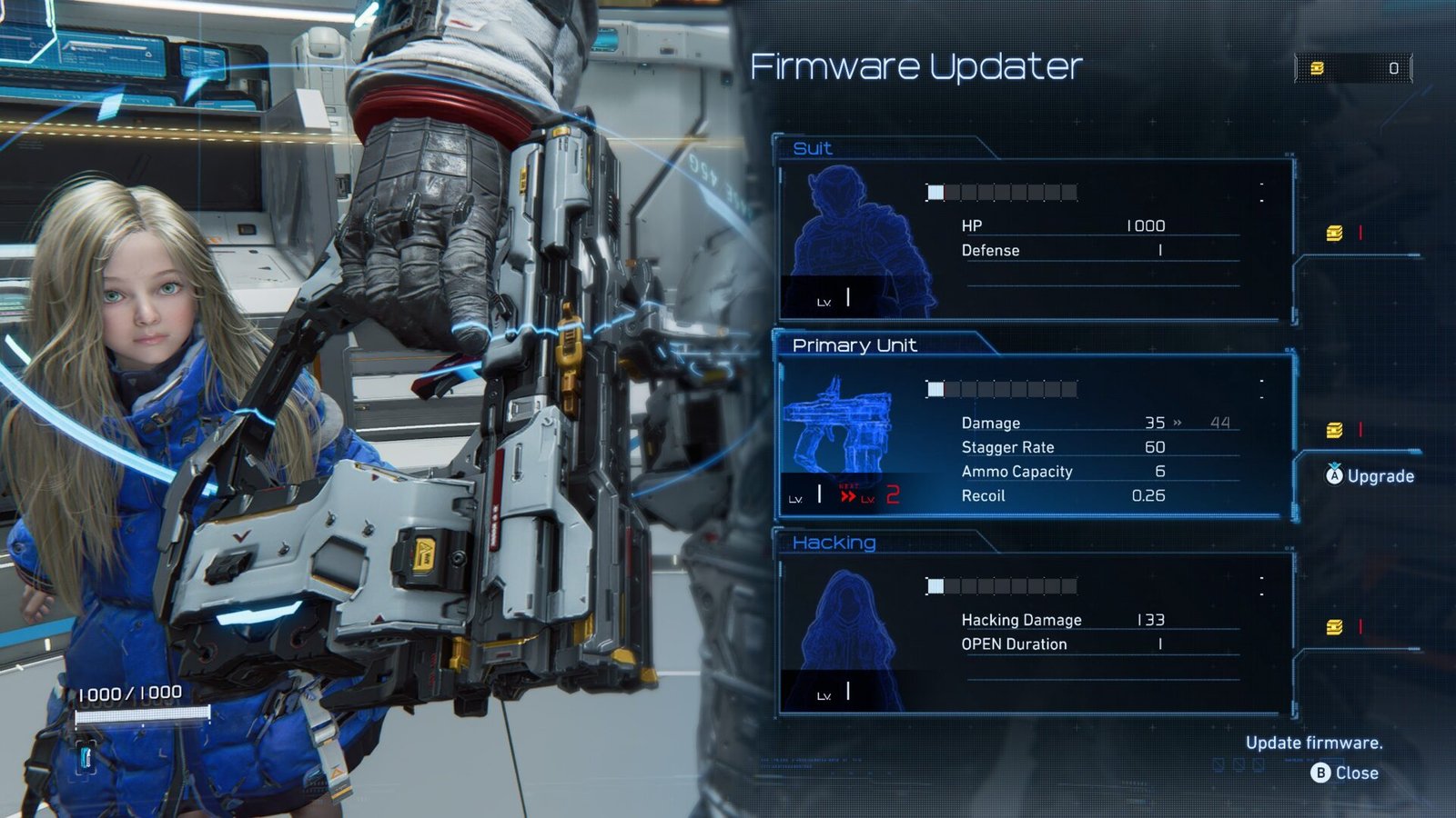 Pragmata Review screenshot displaying the holographic Firmware Updater menu and weapon upgrades.