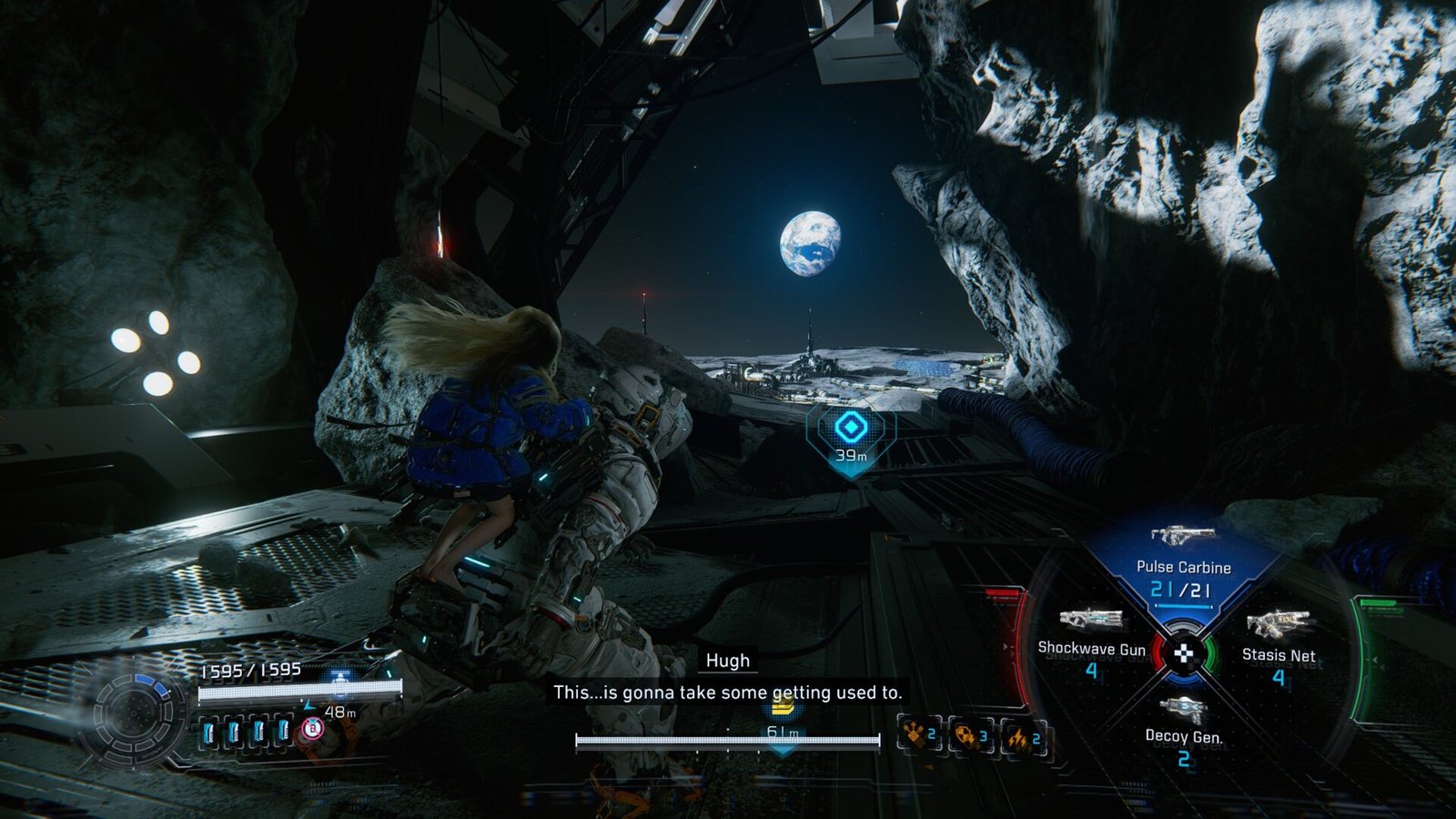 Pragmata Review gameplay screenshot showing zero-gravity traversal with weapon UI.