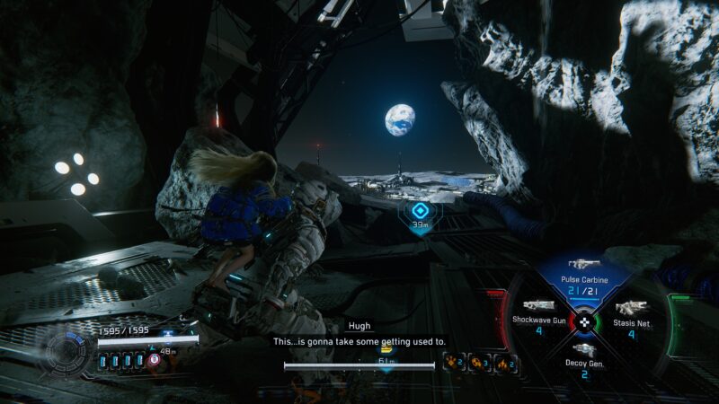 Hugh floating in a lunar environment demonstrating the zero-gravity traversal physics.