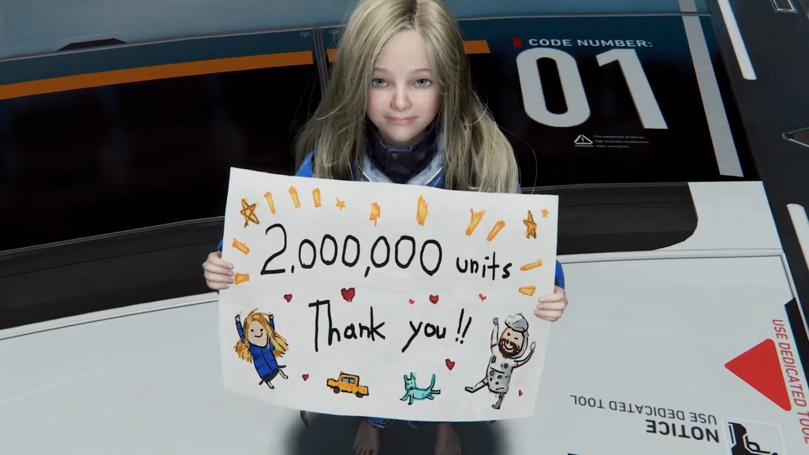 Diana from PRAGMATA holding a hand-drawn "Thank You" sign to celebrate the two million units milestone.
