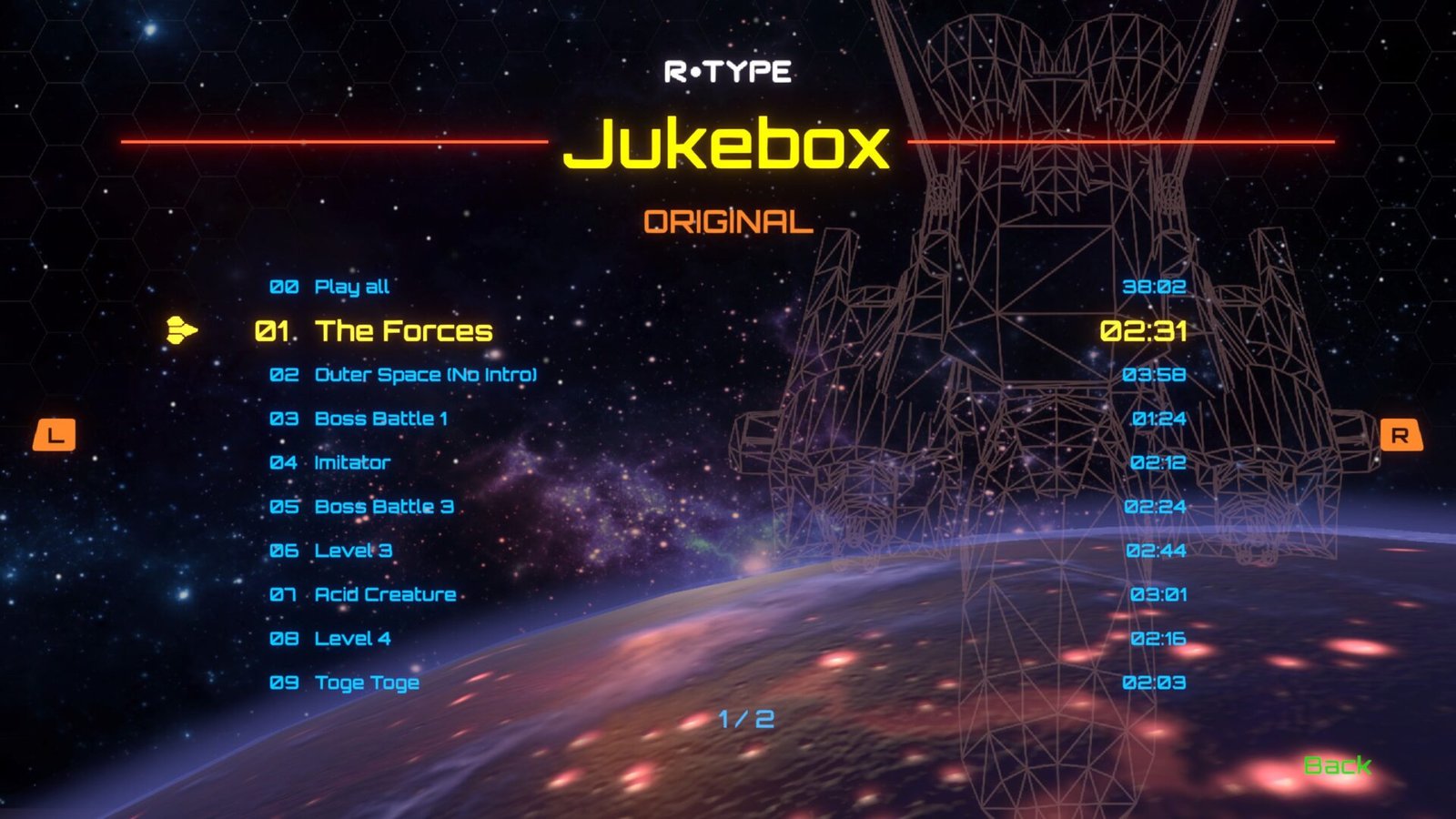 The original soundtrack menu in R-Type Dimensions III.