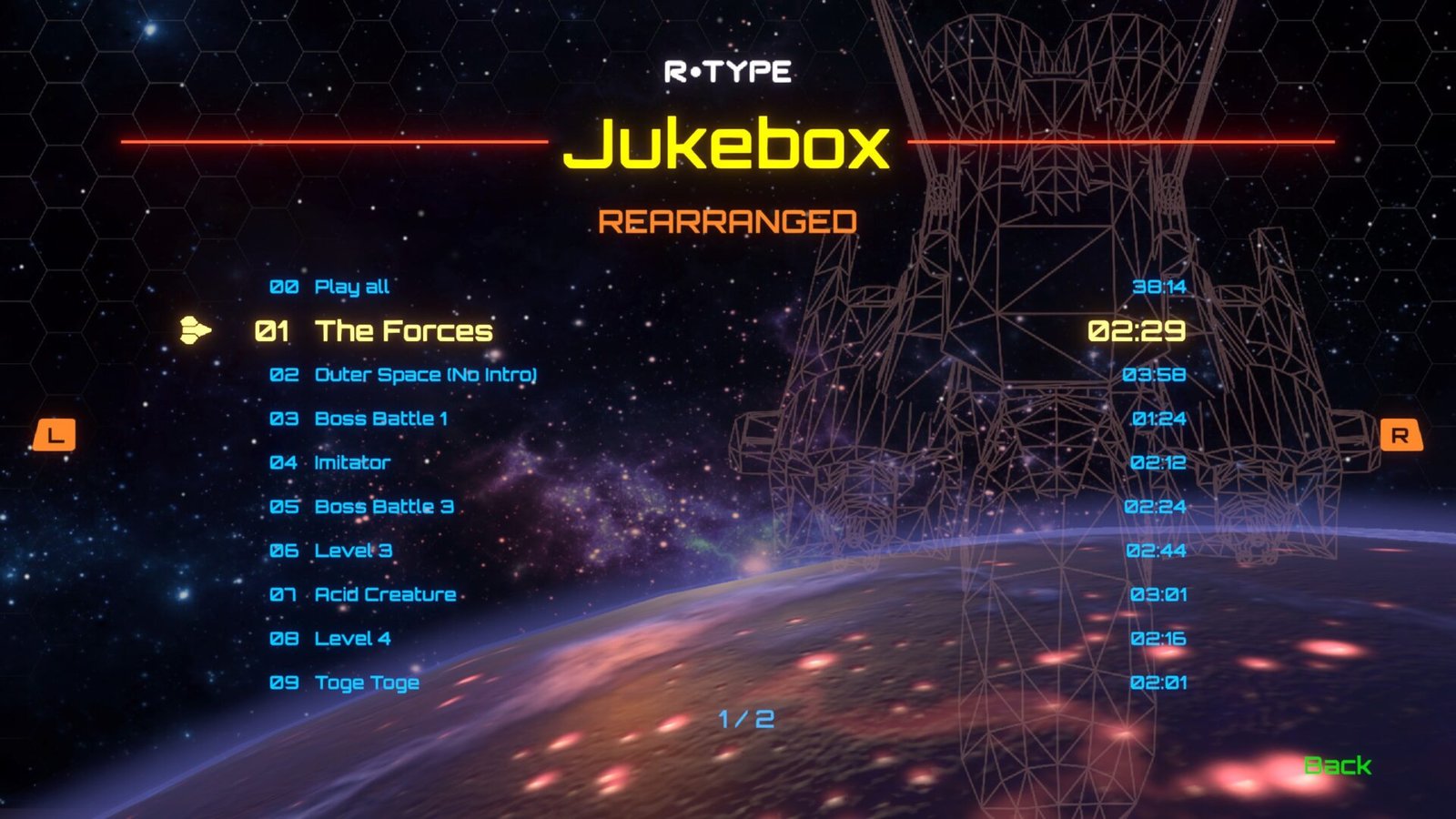 The rearranged soundtrack menu in R-Type Dimensions III.