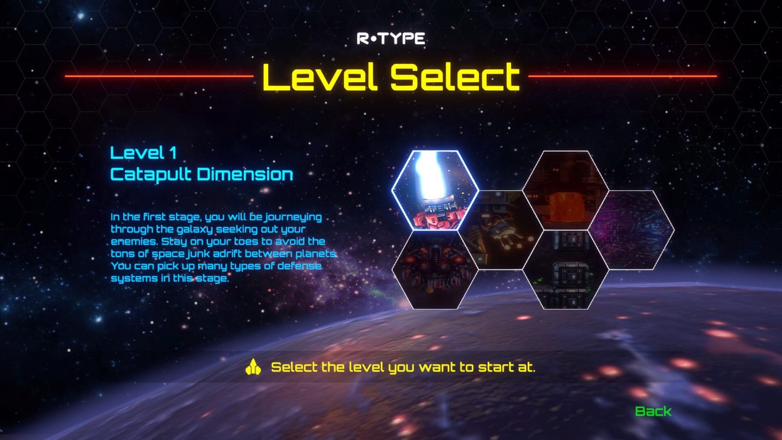 The main menu level select layout analyzed in our R-Type Dimensions III review.