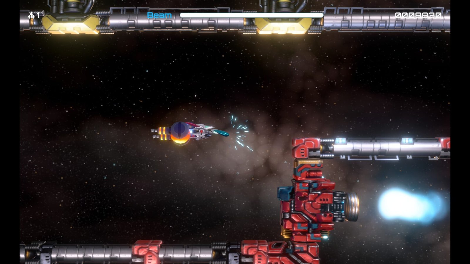 A Force module attached to the rear of the ship in this R-Type Dimensions III review.