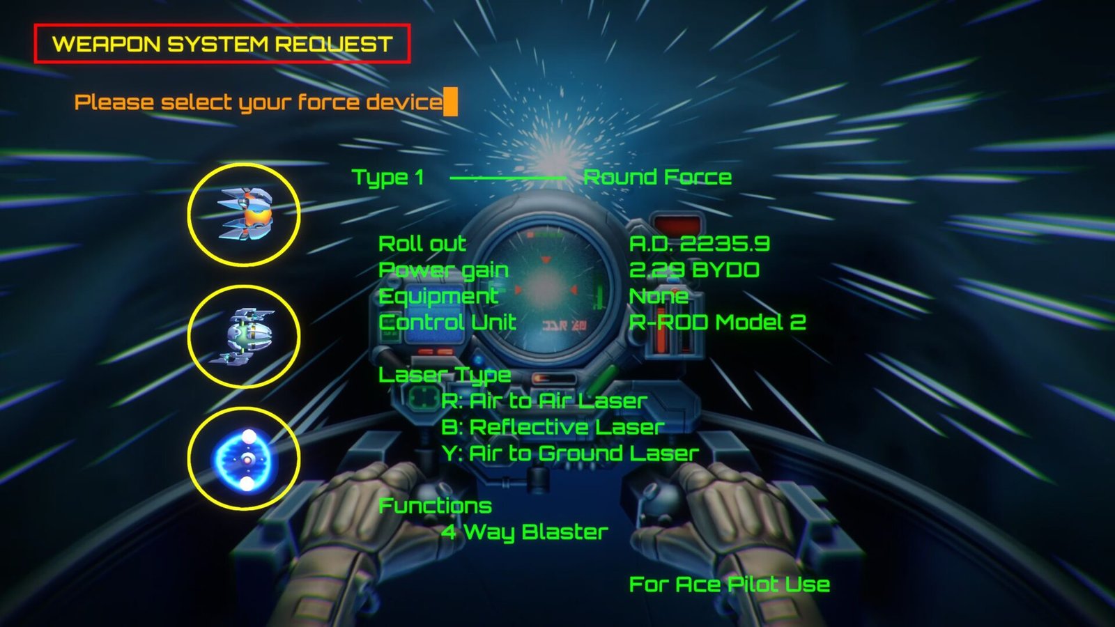 The weapon system selection screen from our R-Type Dimensions III review.