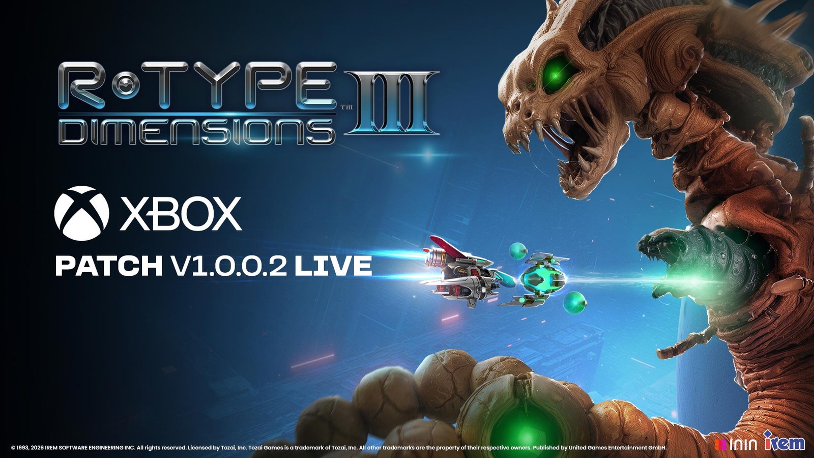 Official promotional graphic announcing that the R-Type Dimensions III Xbox patch version v1.0.0.2 is live with the game logo and an alien boss creature.
