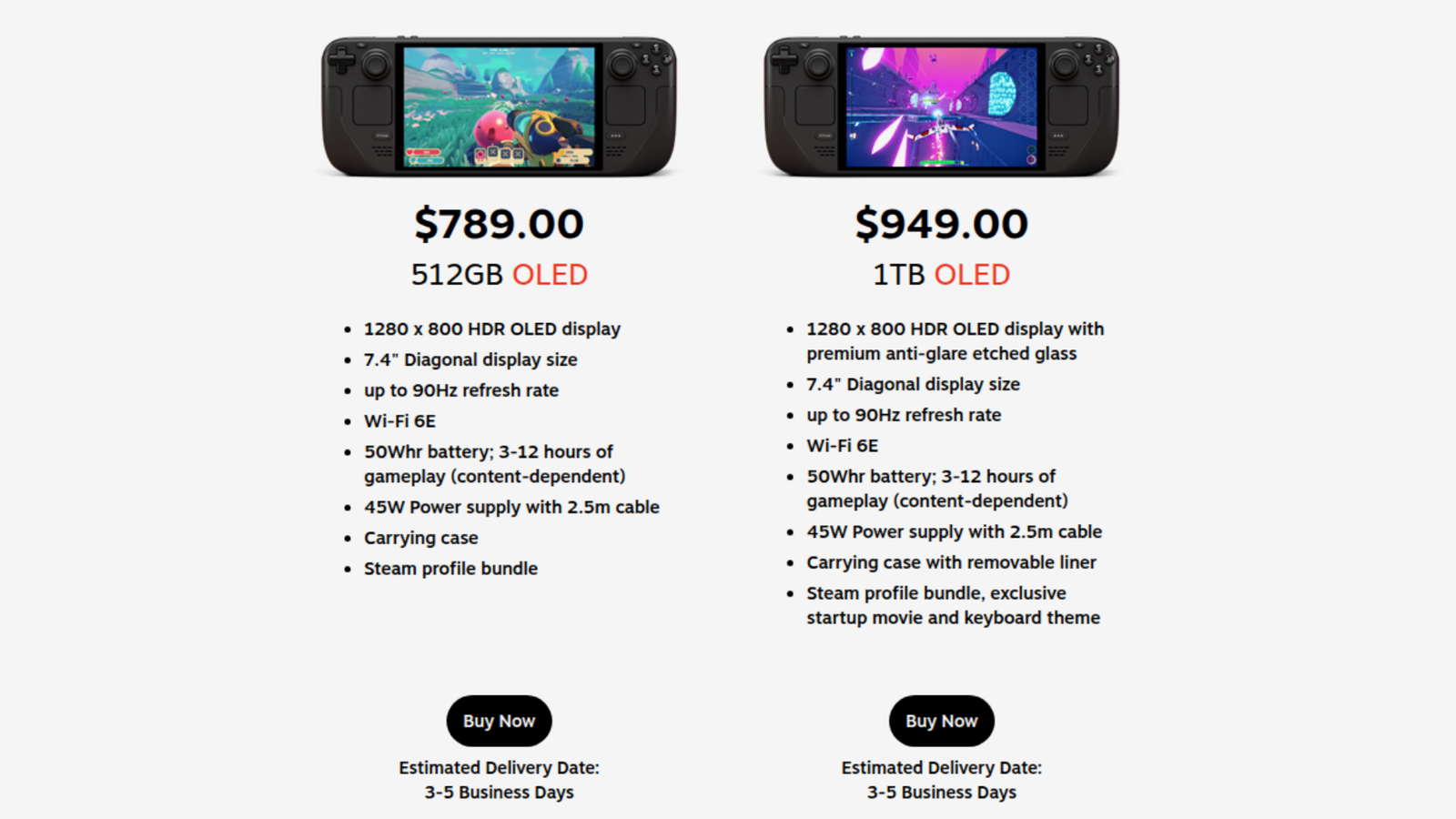 Hardware specification lists and pricing mockups for the Steam Deck OLED price increase.