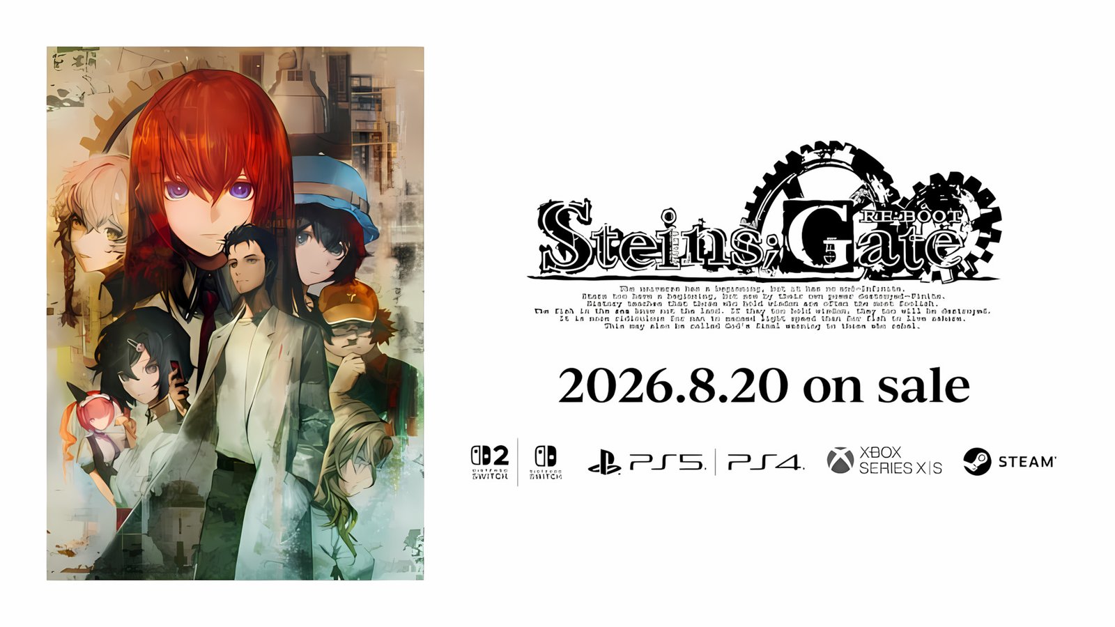The official cover art for the STEINS;GATE RE;BOOT Release Date announcement, featuring updated character designs by huke.