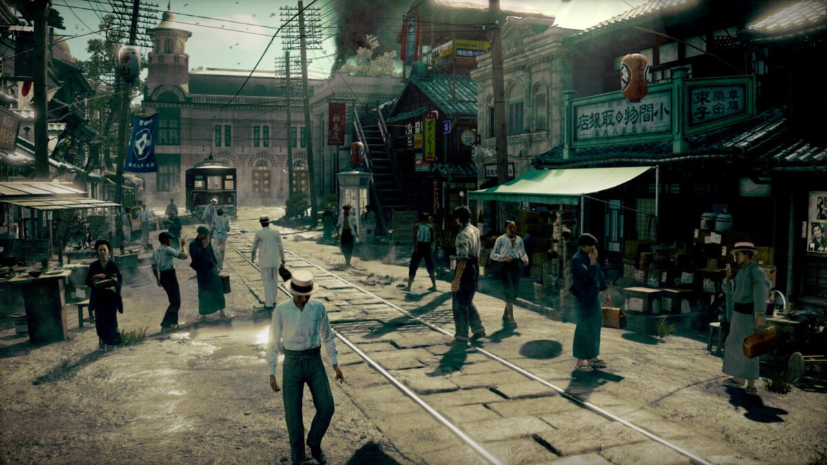A bustling street in 1915 showing a tram in the distance and NPCs in traditional clothing.
