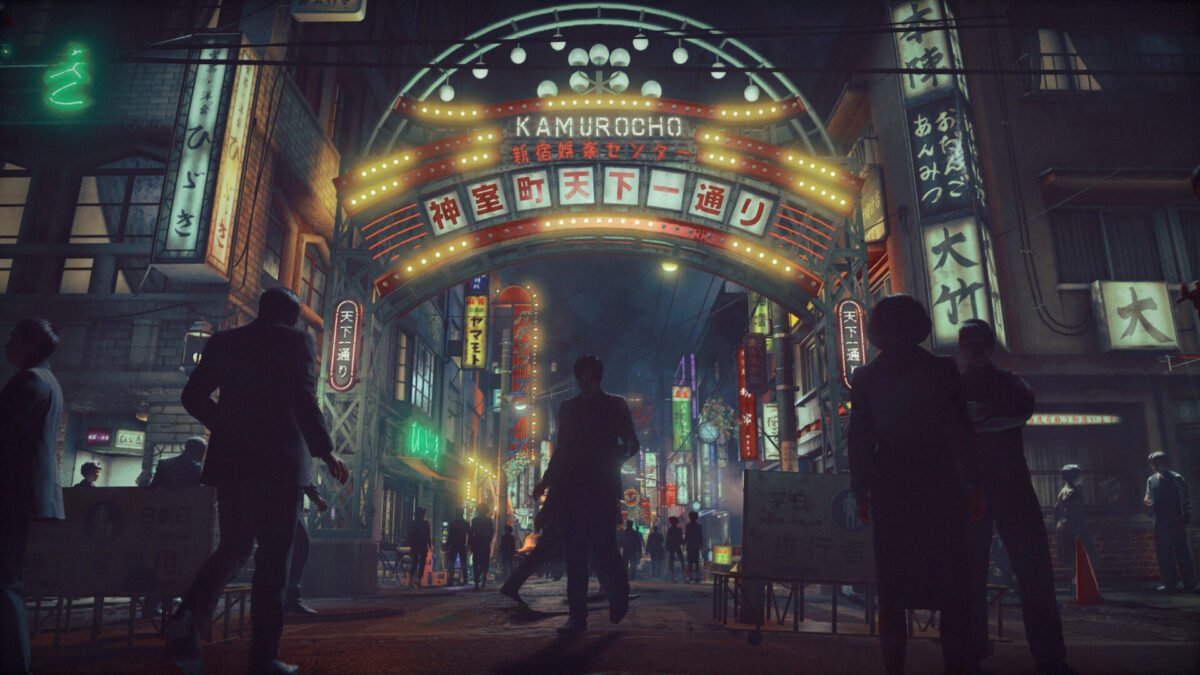 The iconic neon archway of Kamurocho in 1965 Shinjuku under a dark night sky.