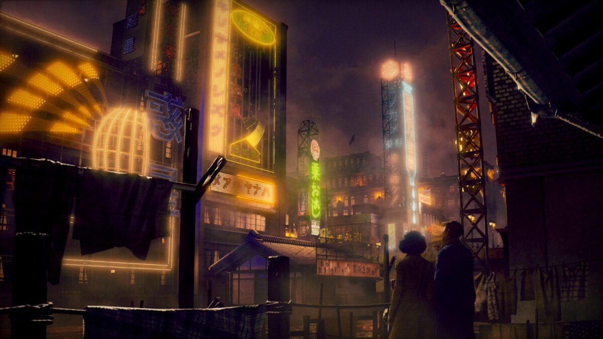 Two characters look out over a city at night filled with glowing yellow and blue neon signs.