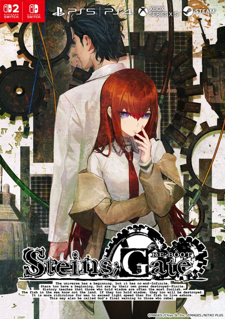 Rintaro Okabe and Kurisu Makise in the updated huke art style for the STEINS;GATE RE;BOOT Release Date announcement on Switch 2 and PC.