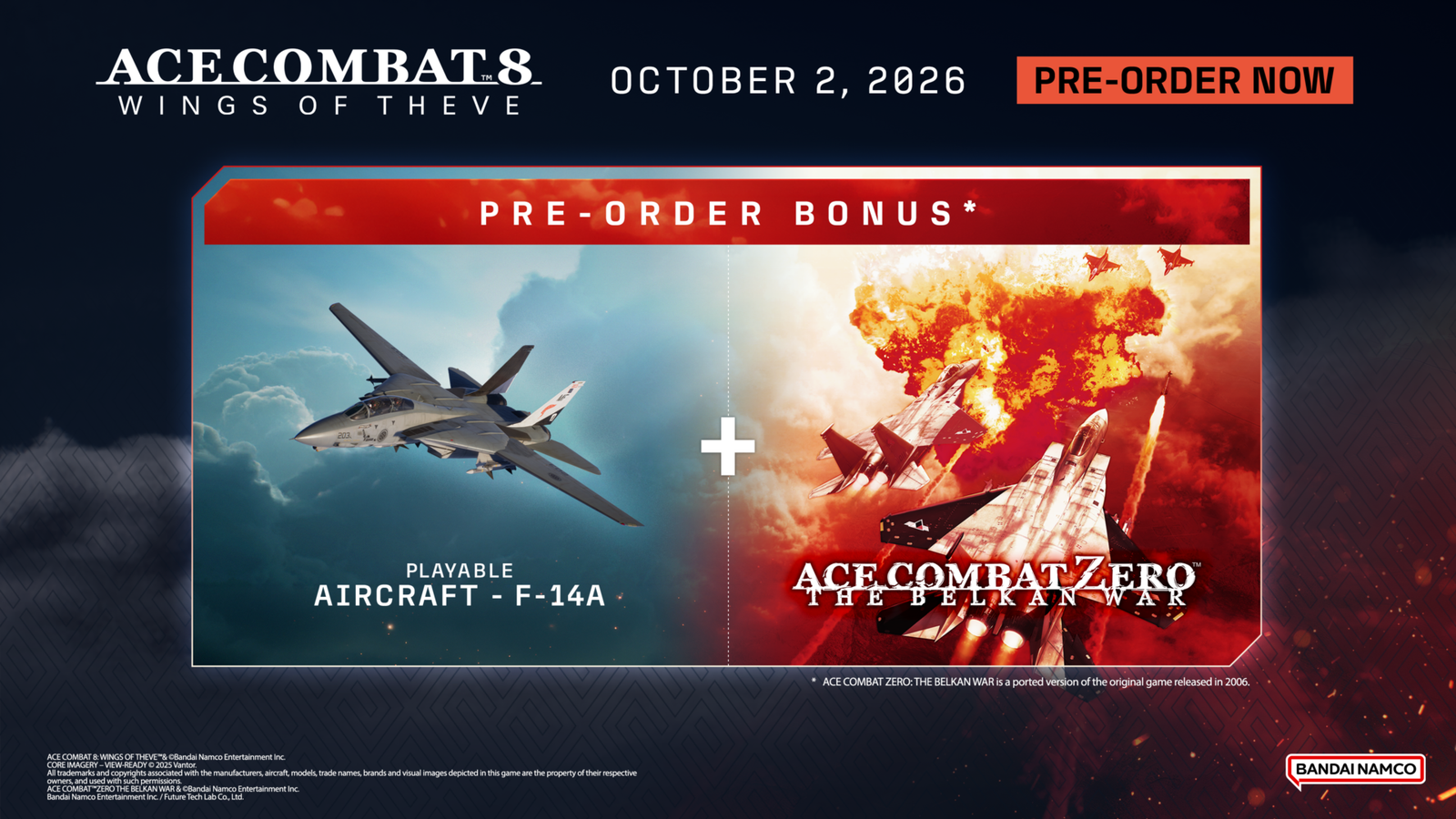 Promotional banner showcasing a flyby of a playable F-14A jet alongside the logo for the digital port of Ace Combat Zero The Belkan War.