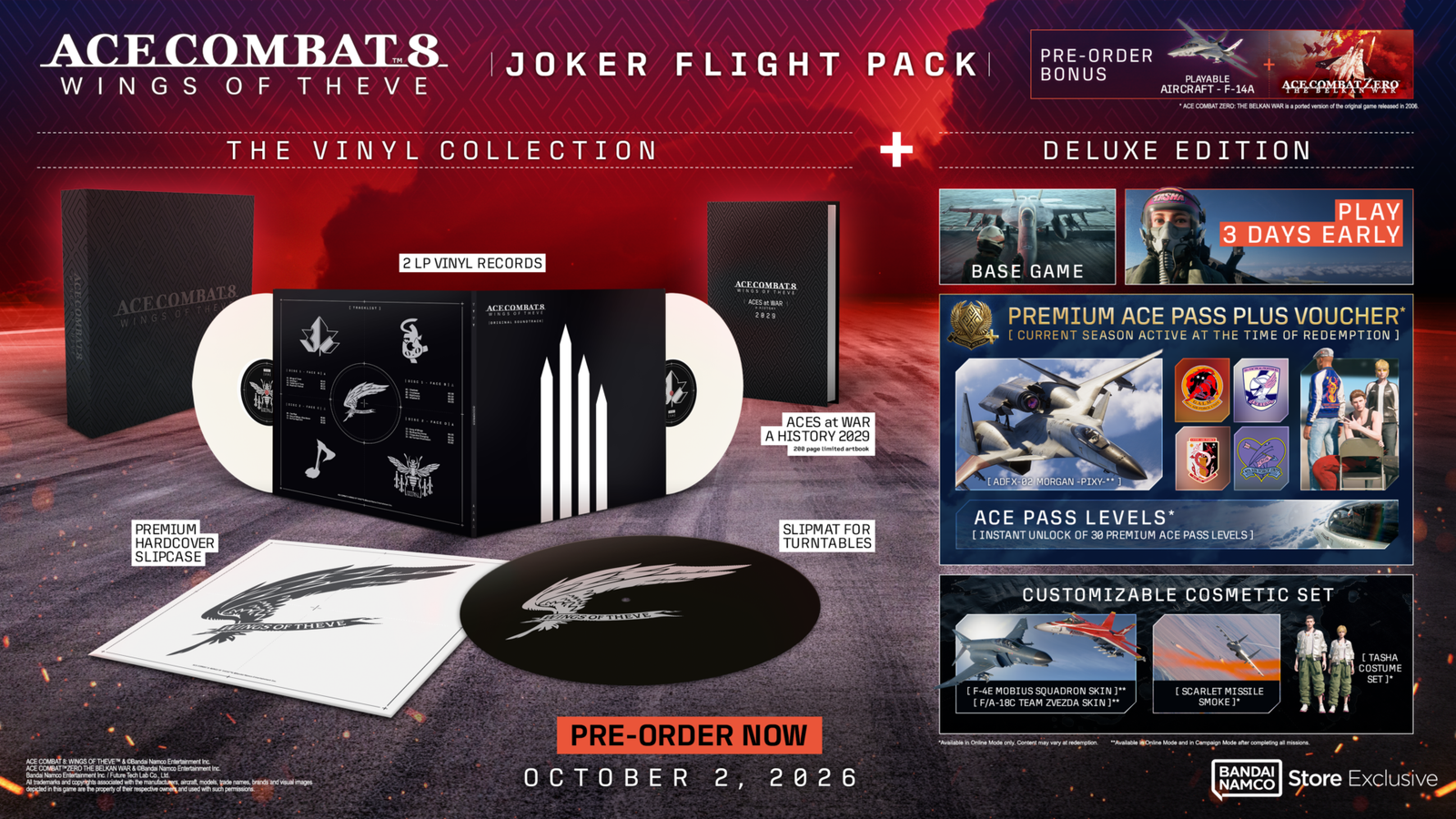 Collector's edition layout displaying a double-LP vinyl record soundtrack set, a custom turntable slipmat, and a 200-page physical art book.