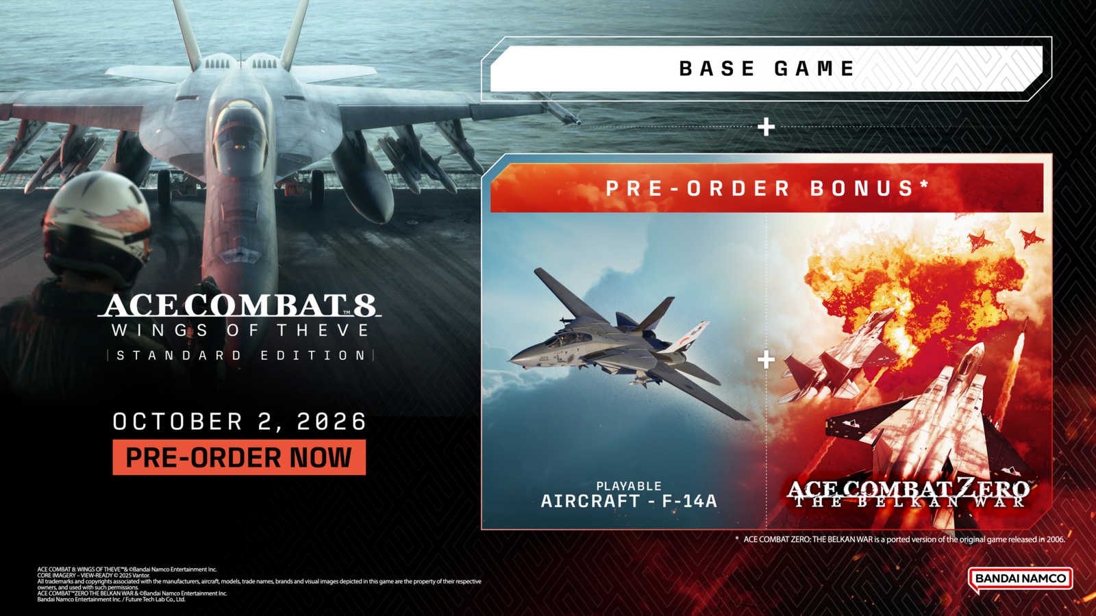 Promotional graphic showing a military fighter jet parked on the flight deck of an aircraft carrier next to pre-order bonus details.