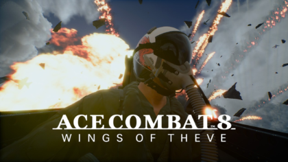 First-person view from inside a jet fighter cockpit flying through heavy explosive anti-aircraft fire and exploding planes under a stormy sky.