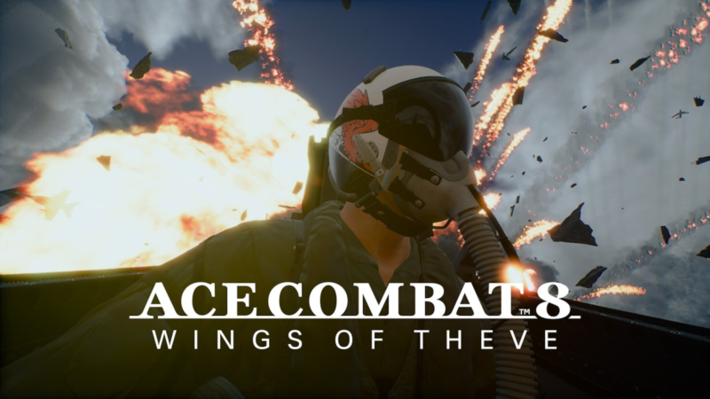 First-person view from inside a jet fighter cockpit flying through heavy explosive anti-aircraft fire and exploding planes under a stormy sky.