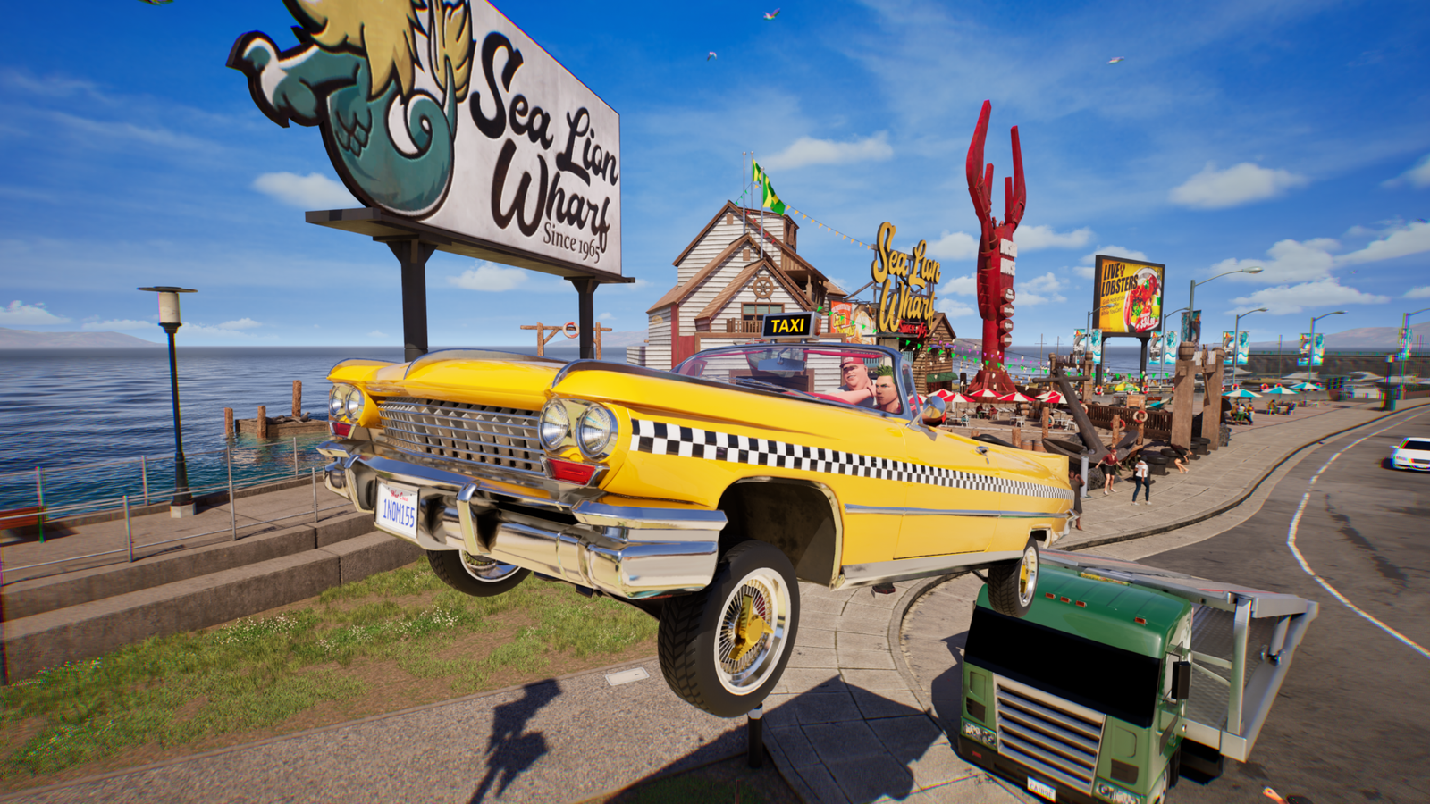 A yellow convertible taxi launching off the back of a green flatbed tow truck ramp at a coastal pier named Sea Lion Wharf.