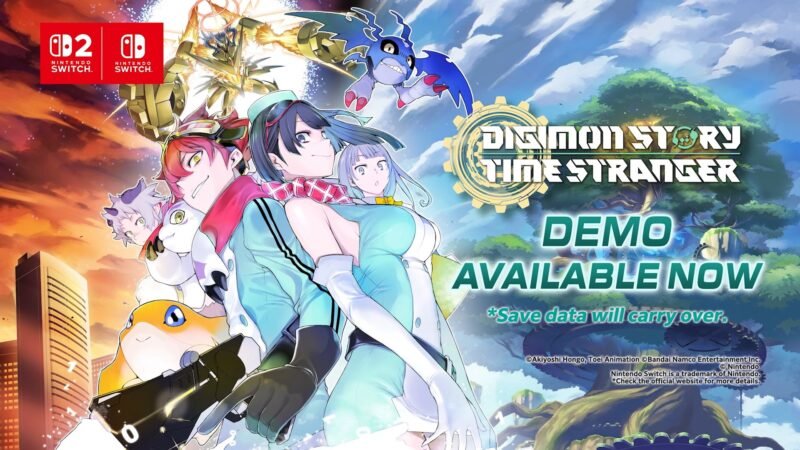 Official eShop promotional banner for the Digimon Story Time Stranger Switch 2 demo showing the main characters and monsters alongside a demo available now text overlay.