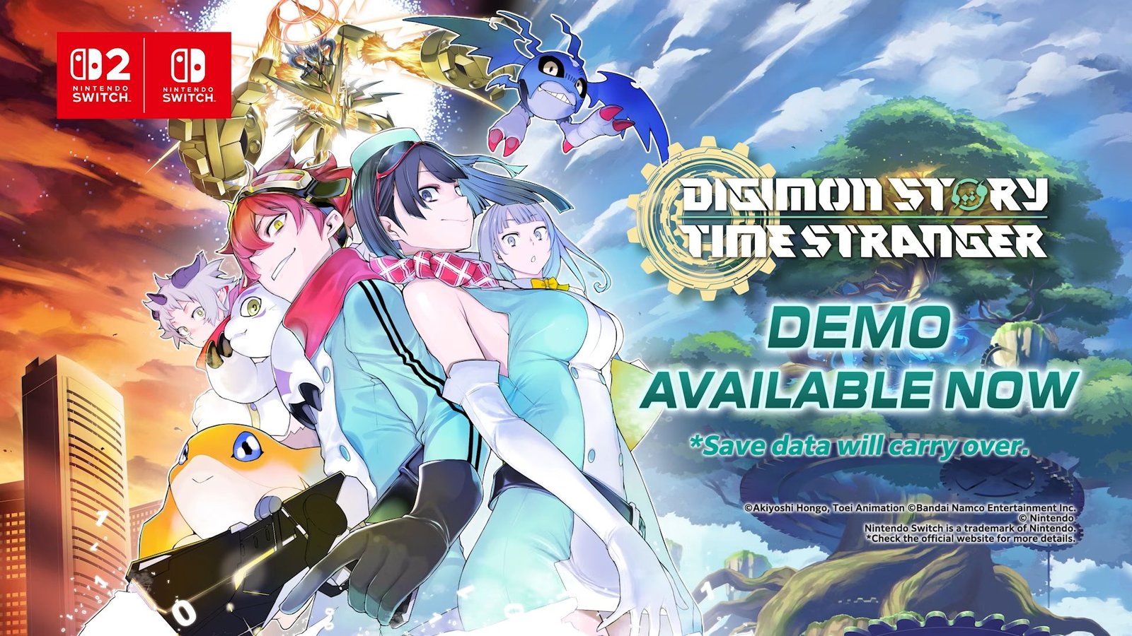 Official eShop promotional banner for the Digimon Story Time Stranger Switch 2 demo showing the main characters and monsters alongside a demo available now text overlay.
