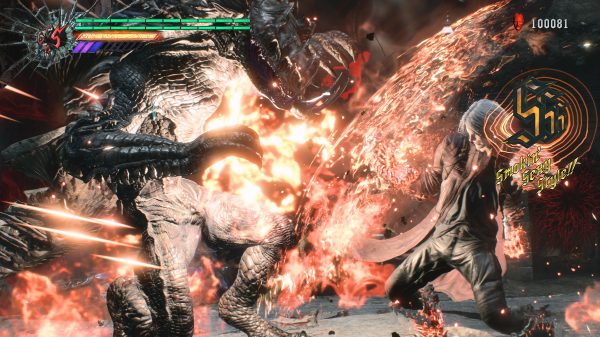 Dante unleashing a fiery attack against a massive boss demon while tracking a Smokin' Sexy Style rank.