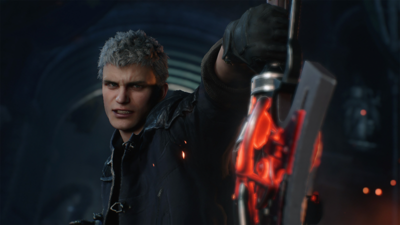 Nero revving his Red Queen sword in a cinematic cutscene from Devil May Cry 5 Devil Hunter Edition.