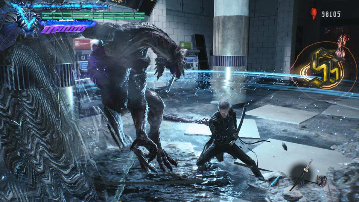 Vergil fighting a large demon in a subway station with an SS style rank displayed on the HUD.