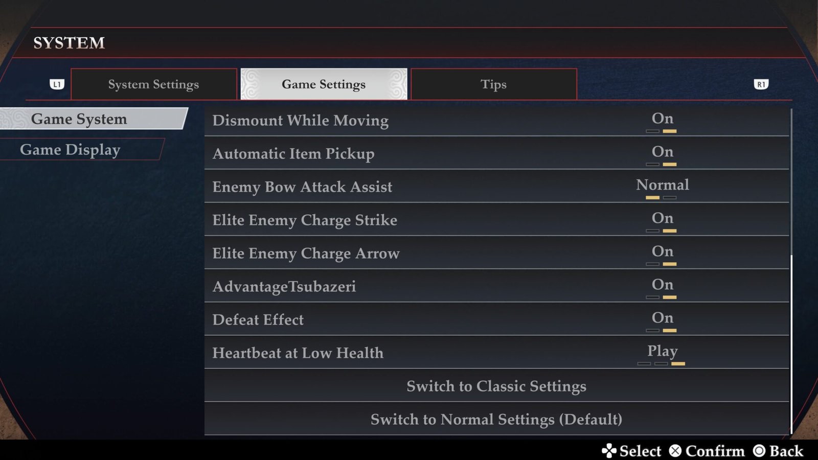 The in-game system settings menu showing options for automatic item pickup, dismount while moving, enemy bow attack assist, and a toggle to switch to classic settings.