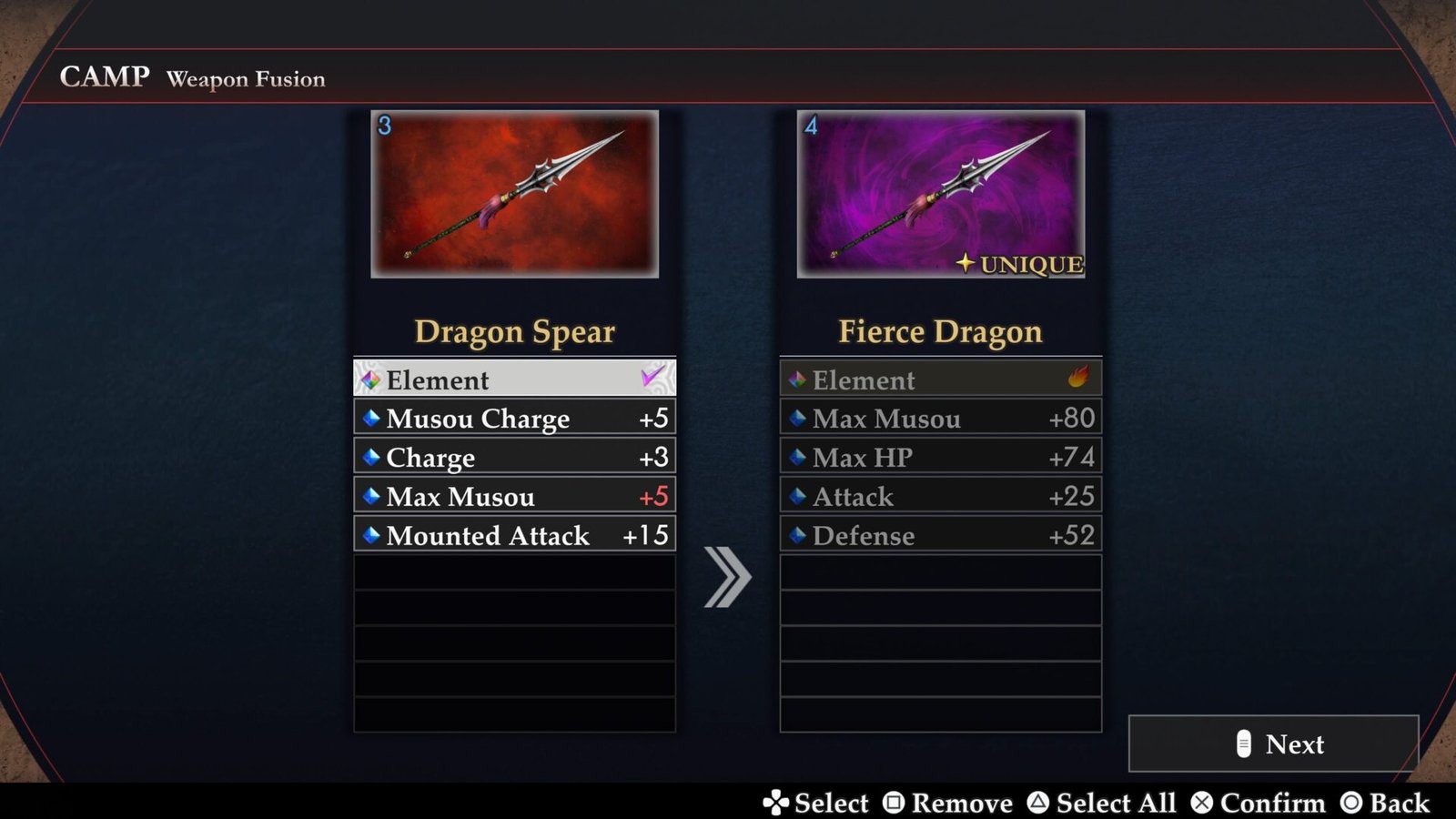A camp menu interface showing the synthesis of a level 3 Dragon Spear with specific attack stats into a level 4 Unique Fierce Dragon spear.