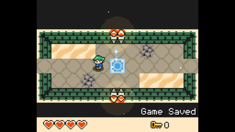 Main character standing on a glowing blue square save point tile in Echo Isle.