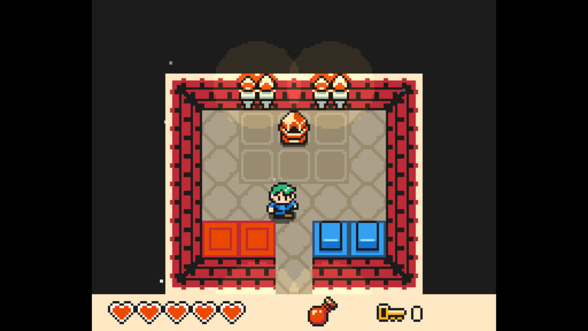 Top-down view of a mechanical switch puzzle room with red and blue floor blocks in Echo Isle.