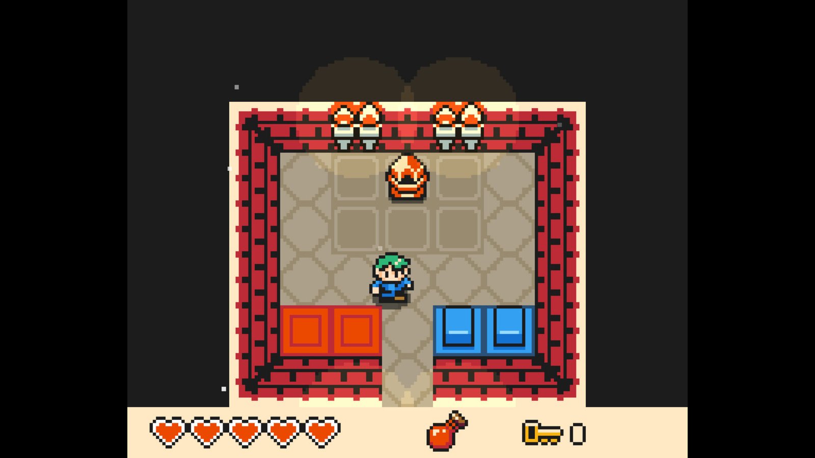 Top-down view of a mechanical switch puzzle room with red and blue floor blocks in Echo Isle.
