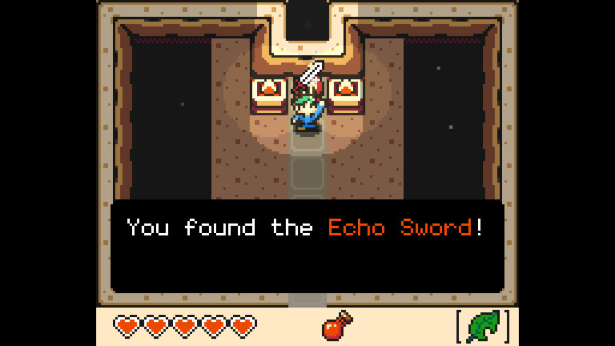 Protagonist holding the upgraded Echo Sword above their head inside a treasure room in Echo Isle.