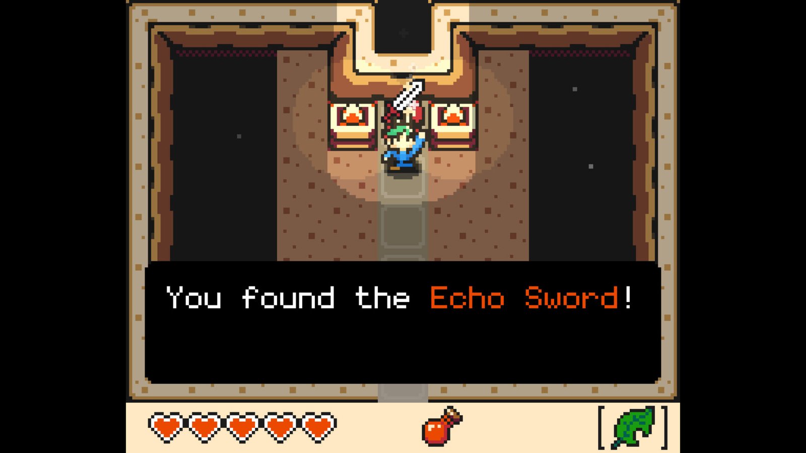 Protagonist holding the upgraded Echo Sword above their head inside a treasure room in Echo Isle.