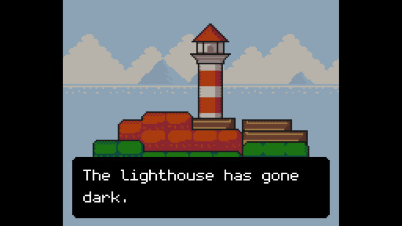 A pixel art lighthouse on a small island under an overcast grey sky with an in-game text box reading 'The Lighthouse has gone dark' in Echo Isle.
