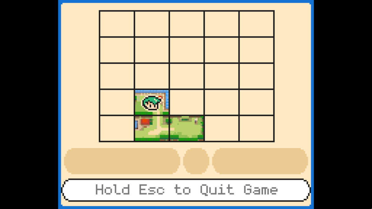The top-down grid map overlay screen in Echo Isle showing a 5x5 unmapped tile layout with the green-haired protagonist icon tracking the player's location.