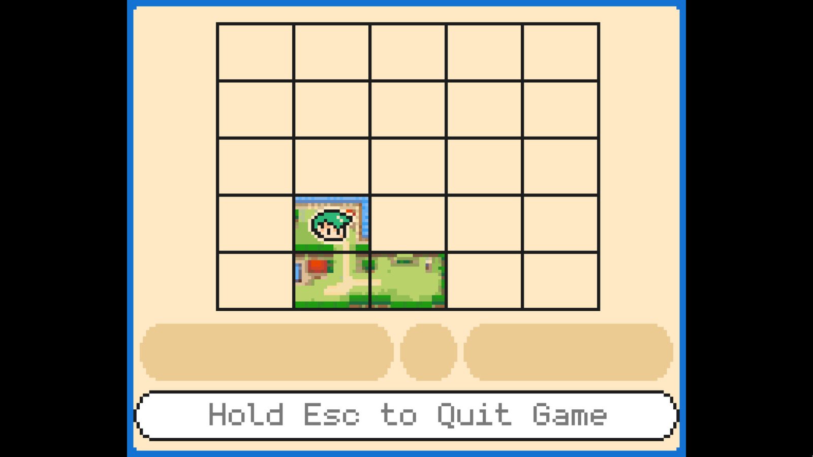 The top-down grid map overlay screen in Echo Isle showing a 5x5 unmapped tile layout with the green-haired protagonist icon tracking the player's location.
