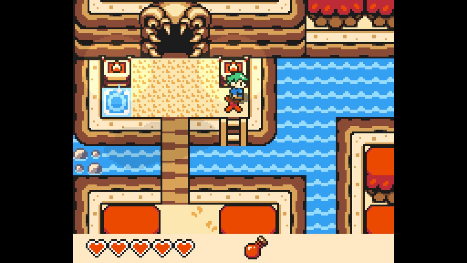 Top-down overworld map layout in Echo Isle showing layered blue ocean water, a bridge, and a skull cave entrance.