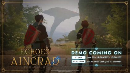 Official promo banner for the Echoes of Aincrad Sword Art Online demo showing two armored warriors looking out at a floating stone landmass alongside the platform release dates.