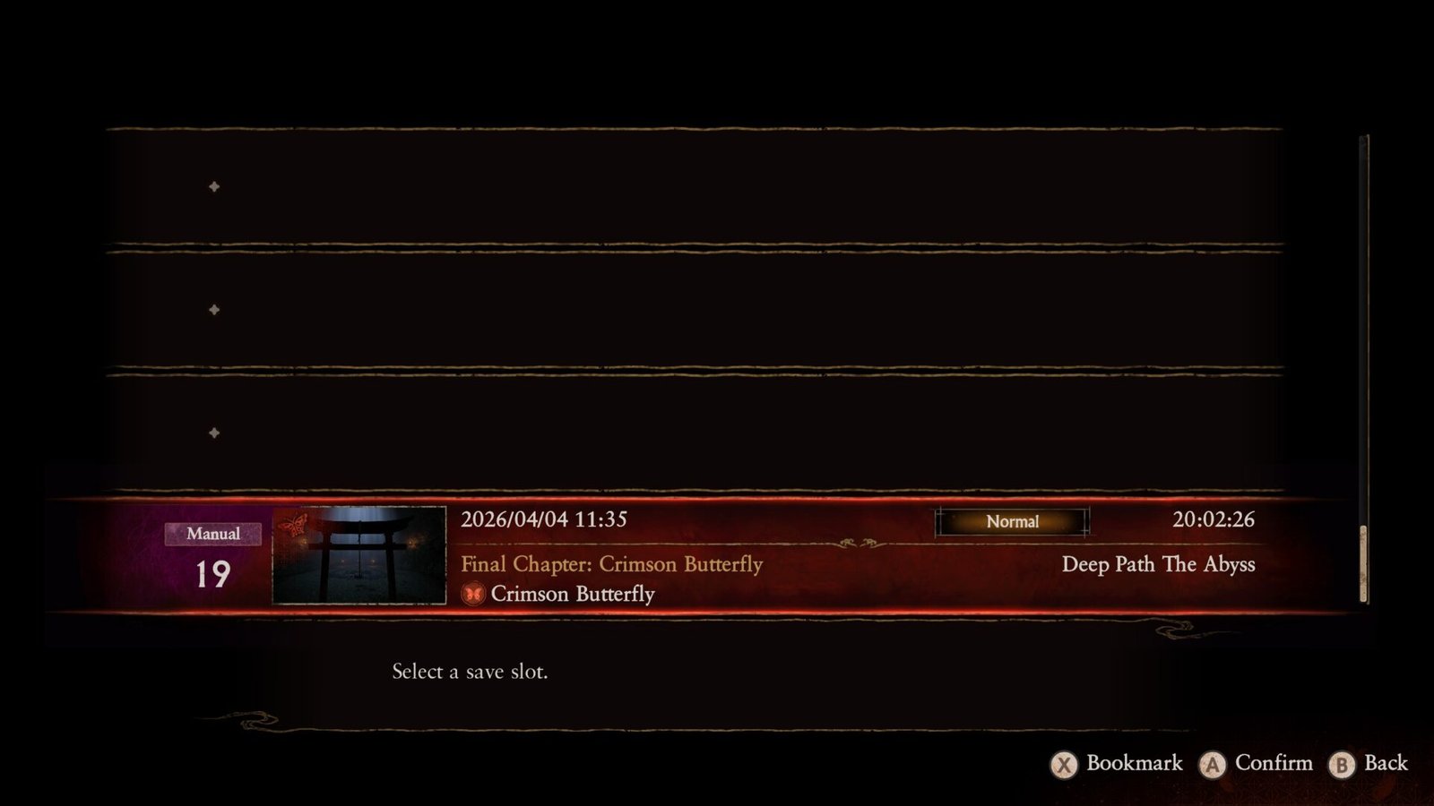 Save slot screen for Fatal Frame 2 Remake showing a completed game file labeled Final Chapter Crimson Butterfly with a 20-hour play time.