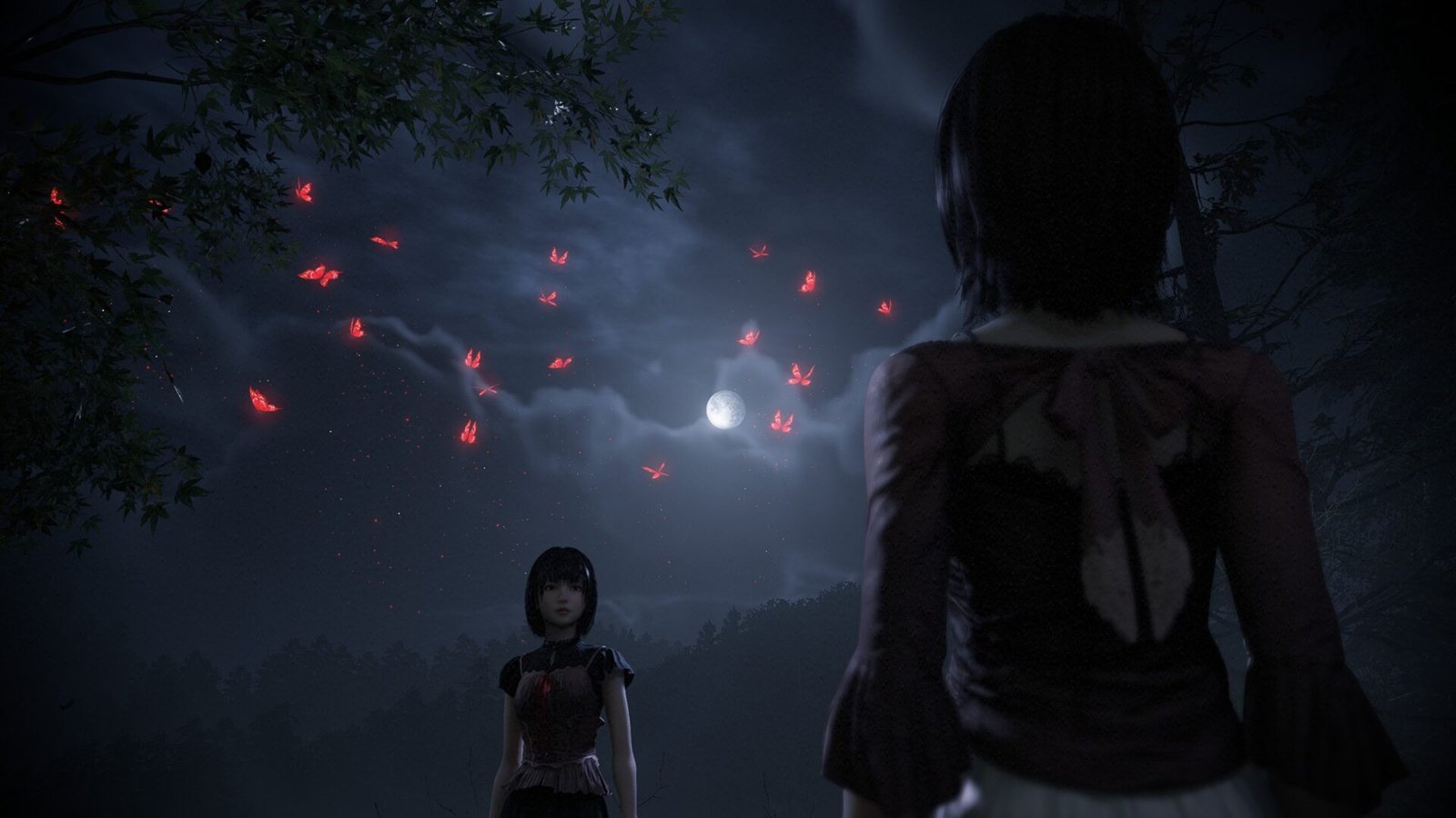 Cinematic over-the-shoulder view of Mio looking at Mayu under a full moon with glowing red crimson butterflies flying in the night sky.